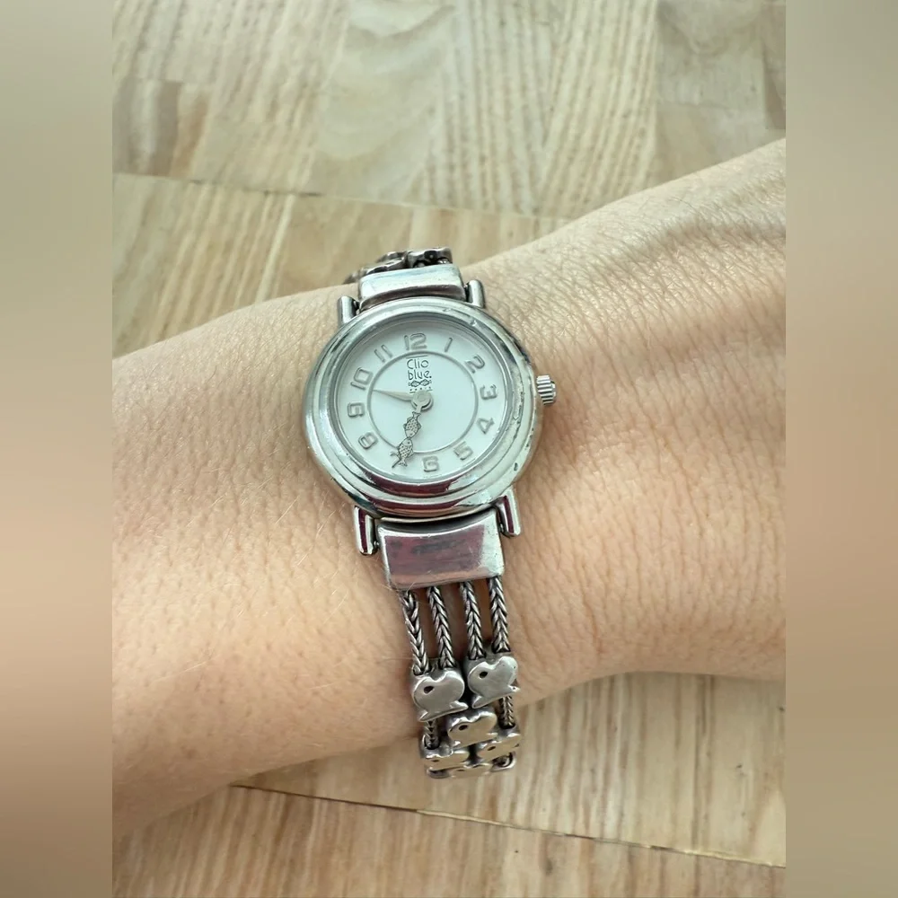 Clio blue Paris 925 Sterling silver fish multi chain bracelet watch NEW BATTERY